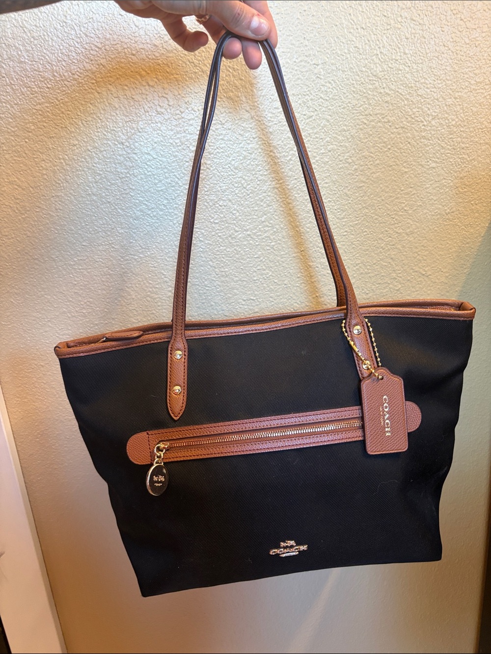 Coach Black Tote with Brown Leather Trim and Zip Pocket - Picture 3 of 4